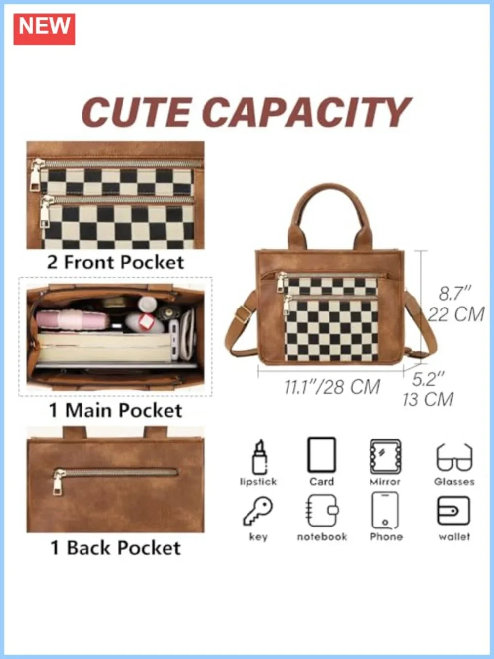 Vegan Leather Checkered Crossbody Bag with Adjustable Strap